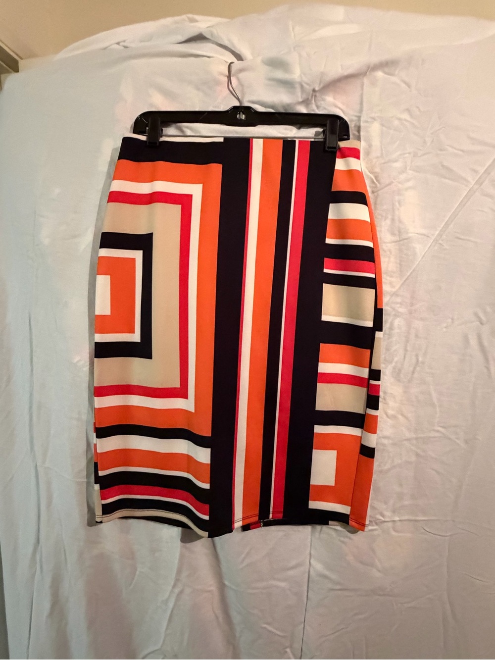 Geometric Print Pencil Skirt - Orange, Black, Cream